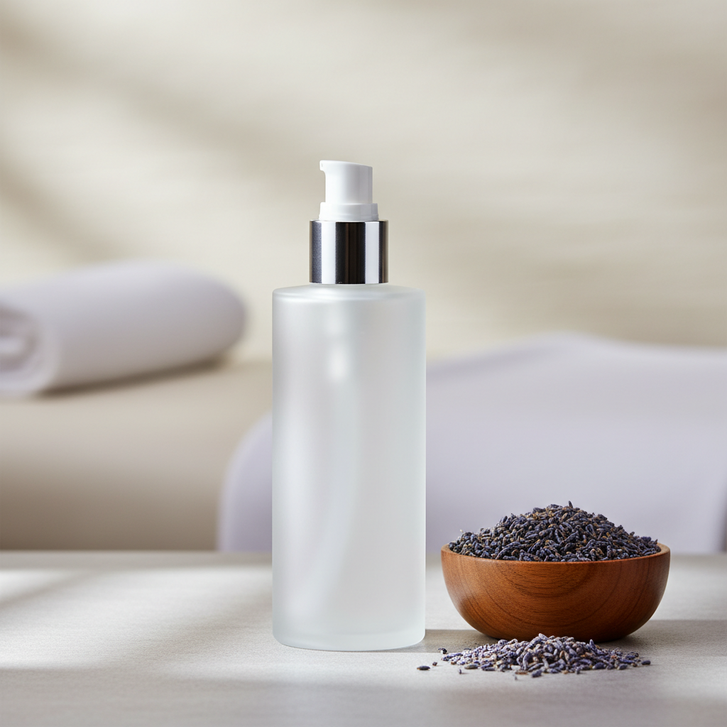 A sleek, frosted glass bottle of massage oil with a brushed metal pump top standing on a smooth, light stone countertop beside a small wooden bowl filled with dried lavender buds. Behind it, a neutral-toned wall and a blurred hint of a massage table draped in white convey a clinical yet soothing environment. Soft, cool natural light enters from the left, creating gentle reflections on the glass and a faint lavender-colored shadow. Captured in photographic realism with a centered composition and moderate depth of field, the image exudes professionalism, cleanliness, and understated luxury, perfect for highlighting the quality products used in a massage therapy practice.