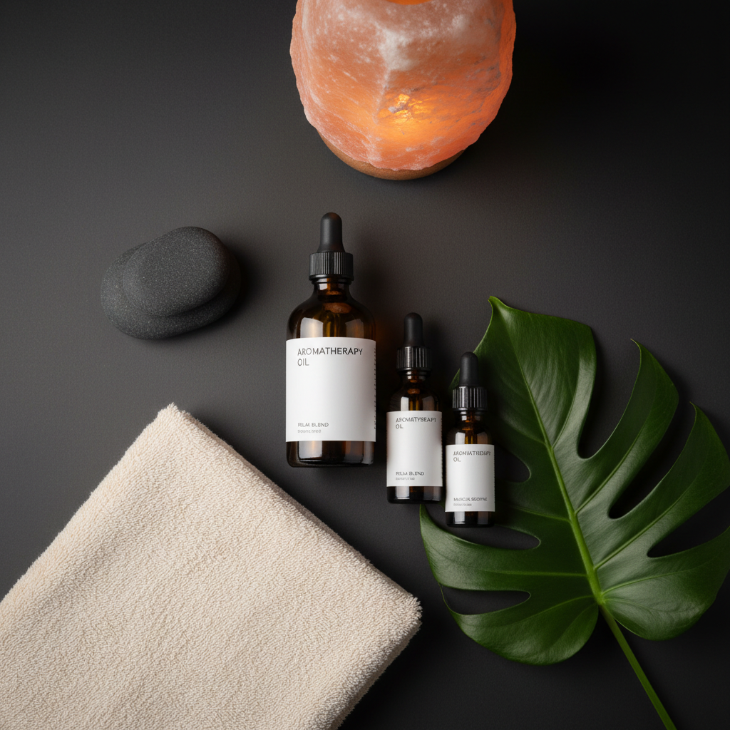 A carefully arranged massage therapy flat lay on a matte charcoal surface: amber glass oil bottles with clean white labels, a pair of smooth basalt hot stones, a folded cream-colored towel, and a single green monstera leaf for a touch of nature. A softly glowing salt lamp in the background casts a warm, golden light that gently reflects on the glass and stones, while the edges of the frame fall into subtle shadow. Shot from directly above with photographic realism and balanced composition, the scene feels calm, professional, and meticulously organized, ideal for representing a high-quality massage therapy brand.