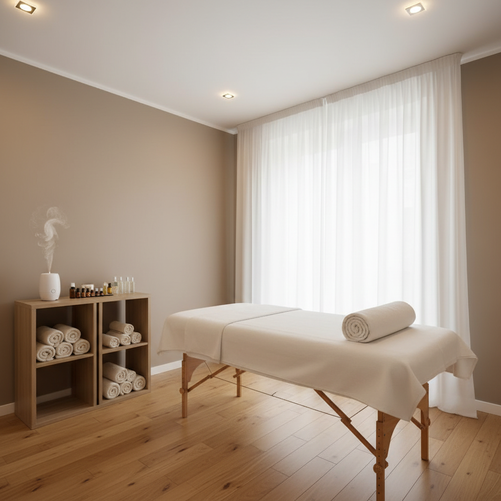 A professional massage therapy treatment room captured in photographic realism, featuring a central massage table covered in immaculate white linens and a neatly rolled bolster at one end. The room has soft taupe walls, light wood flooring, and a minimalist shelving unit holding neatly arranged towels, essential oils, and a small diffuser emitting a faint mist. Warm, diffused overhead lighting is complemented by natural light filtering through sheer curtains, creating a gentle, even glow with minimal harsh shadows. The camera is positioned at eye level with a slightly wide angle, showcasing the entire space. The atmosphere is tranquil, hygienic, and highly professional, emphasizing comfort and trust for prospective clients.