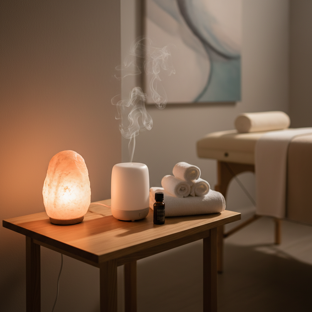 A tranquil corner of a massage studio showing a low, natural wood side table holding a softly glowing Himalayan salt lamp, a ceramic aromatherapy diffuser releasing a delicate mist, and a small stack of neatly folded white hand towels. The background reveals a blurred hint of a massage table and a simple abstract art piece in muted tones on the wall. Warm, ambient lighting from the lamp combines with subtle overhead light, casting gentle, layered shadows that add depth without harshness. Shot at a slightly elevated angle in photographic realism, the composition uses the rule of thirds to create a peaceful, professional ambiance that emphasizes relaxation and care.
