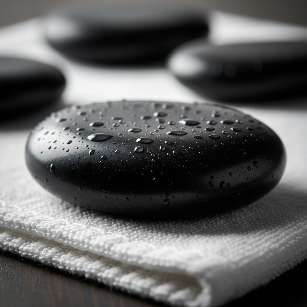 A close-up, photographic realism shot of a dark, smooth basalt hot stone resting on a white cotton towel, with additional stones softly blurred in the background. Tiny droplets of water glisten on the stone’s satin surface, revealing its gentle warmth and weight. The towel’s fibers appear detailed and textured, contrasting with the stone’s sleek finish. Soft, directional side lighting from an unseen lamp creates a subtle gradient of light and shadow, enhancing depth and form. Shot at a low angle with a shallow depth of field, the composition feels intimate, calm, and focused, perfectly evoking the soothing precision of hot stone massage therapy in a professional setting.